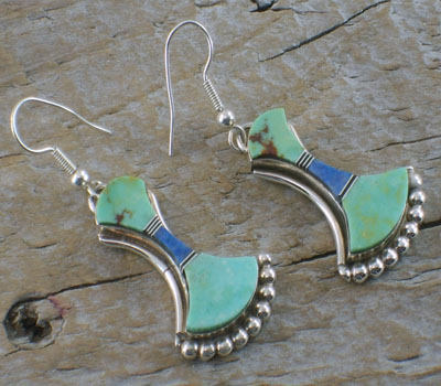 Native American Turquoise Earrings w/  Lapis Inlay Bell shaped
